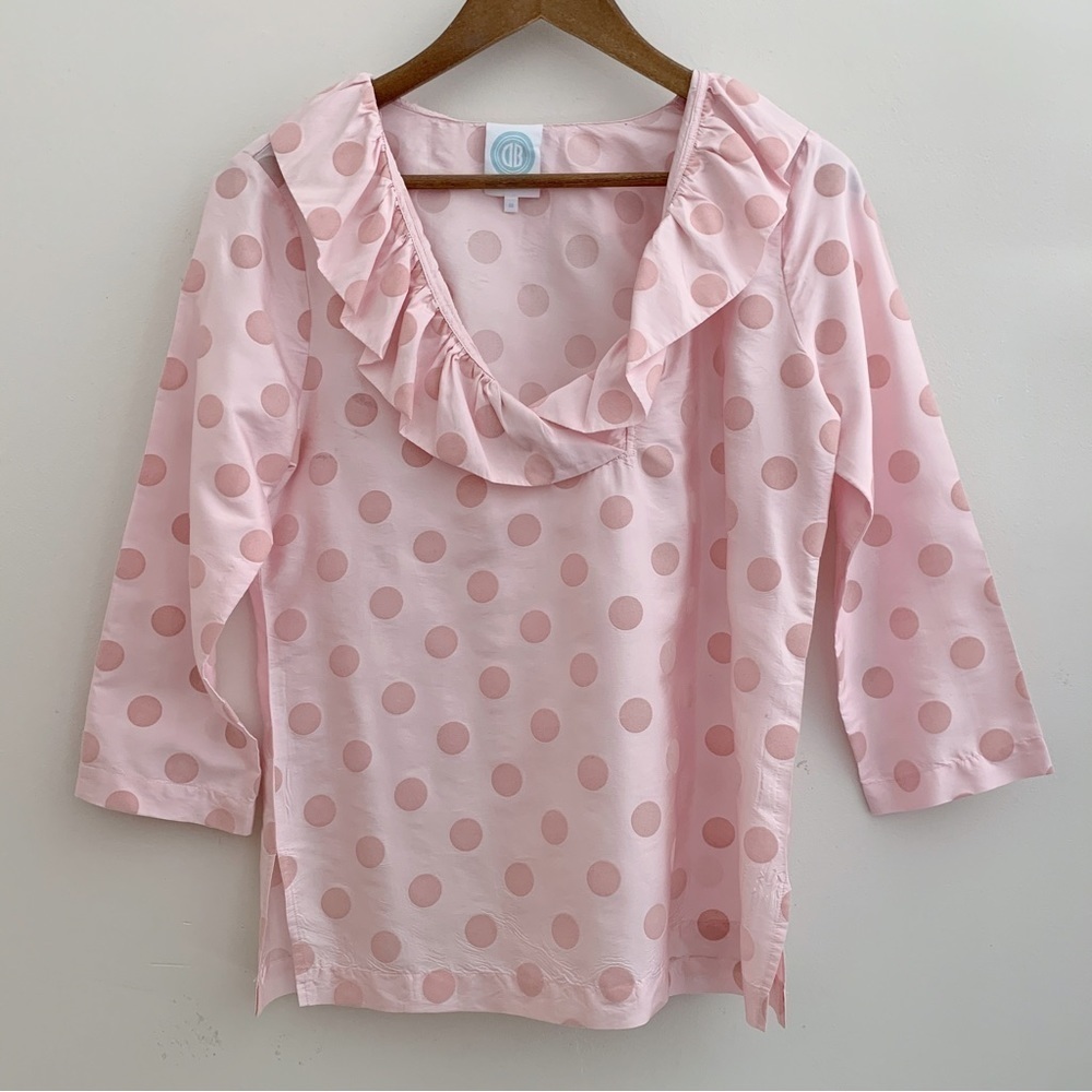 Devon Baer Pink Polka Dot Silk Ruffle Blouse Medium Summer Preppy